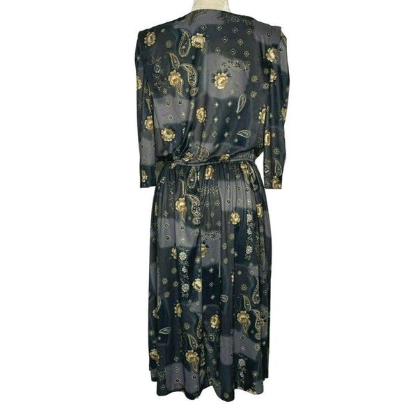 Vintage Midi Dress 14 Gray Floral Paisley 3/4 Sleeve Pockets Shoulder Pads - Picture 5 of 6